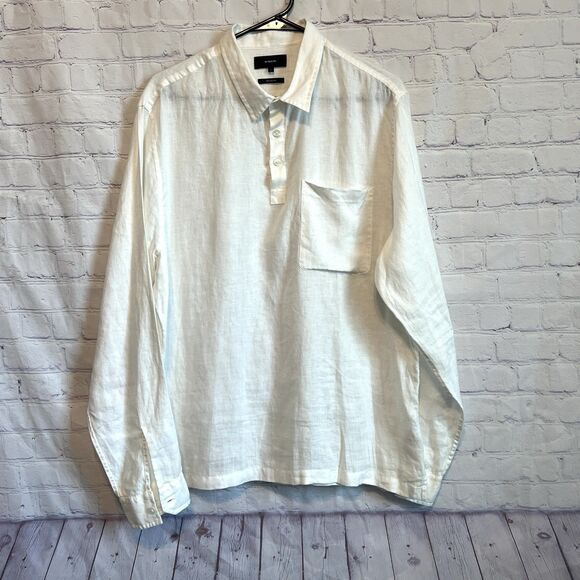 Vince Womens L White Classic Fit Long Sleeve Popover Shirt 100% Linen Blouse - Picture 2 of 9